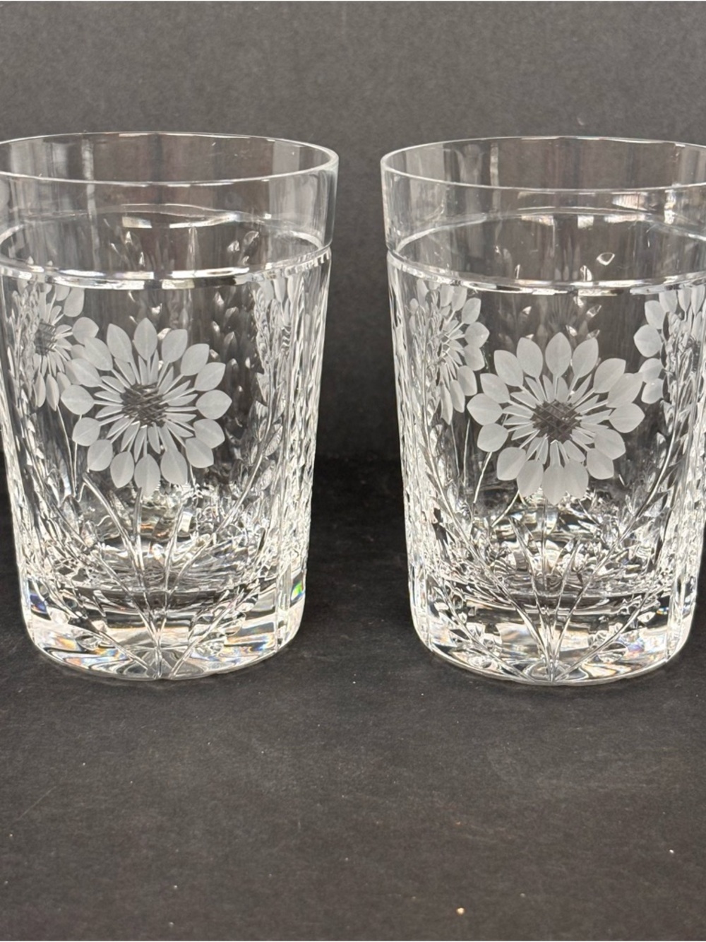 Pair Royal Brierley Etched Crystal Tumblers - Kensington Palace Flower Sunflower - Picture 3 of 10